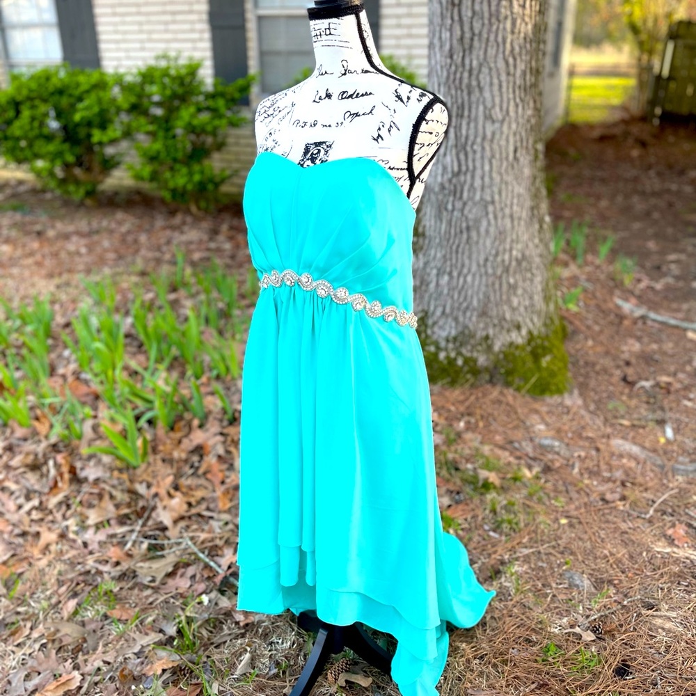 Strapless Turquoise High-Low Dress with Beaded Waist